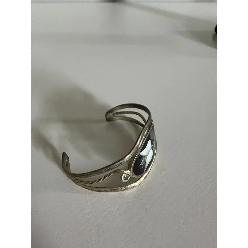 Vintage Mexico Alpaca Sterling Silver Abalone Inlay Flower Cuff Bracelet 7.9g
